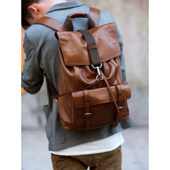 Coach Bleecker Leather Drawstring Classic Heirloom Backpack Fawn Dark Saddle - Picture 14 of 15